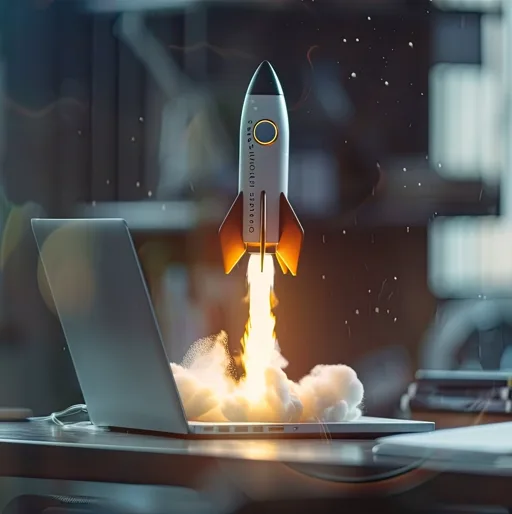 Rocket launching from a laptop, symbolizing a new business startup