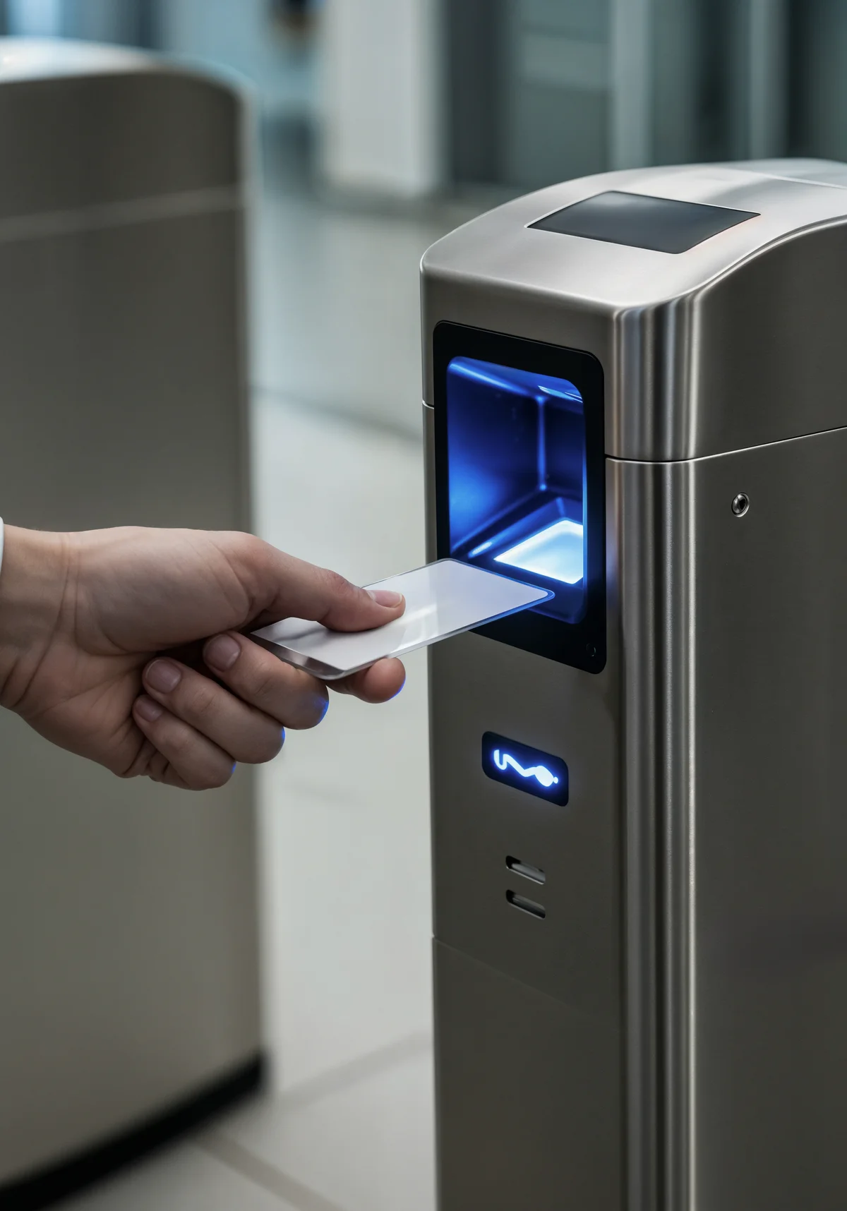 Access card being scanned at a commercial security reader