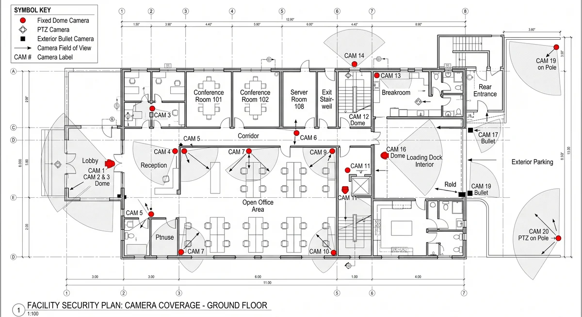 Facility security plan showing ground floor camera coverage layout
