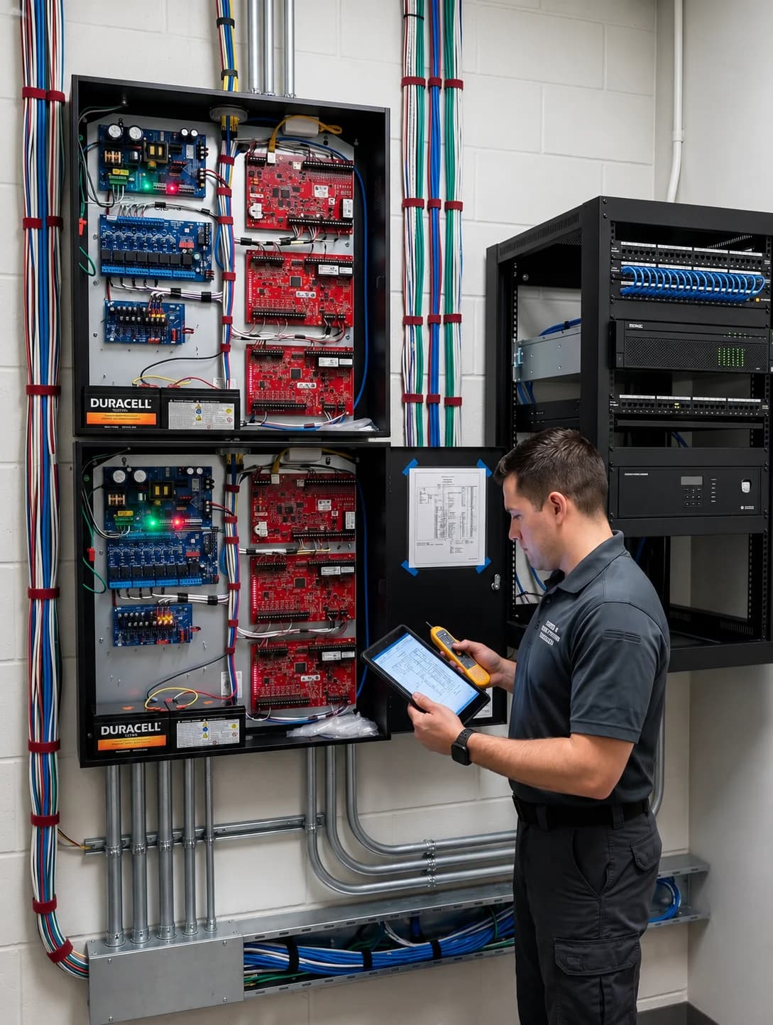 Technician installing commercial security control panels with organized wiring