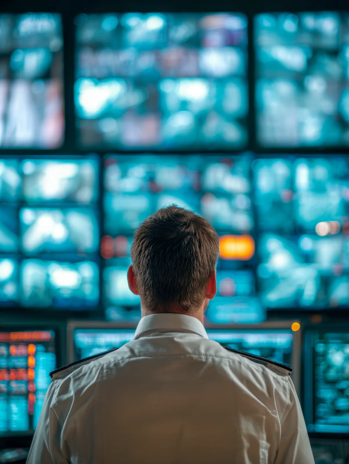 Security operations center with multiple monitoring displays