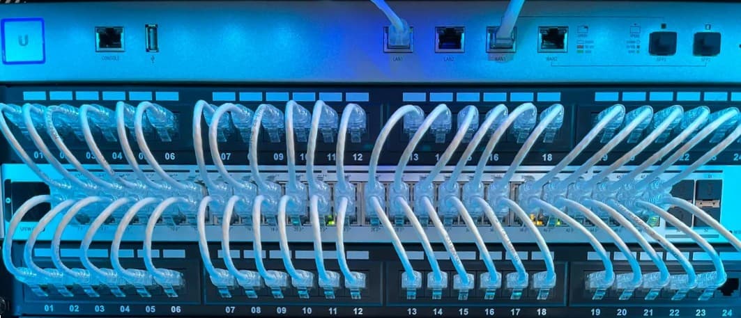 Clean network rack with organized patch cabling and switch equipment