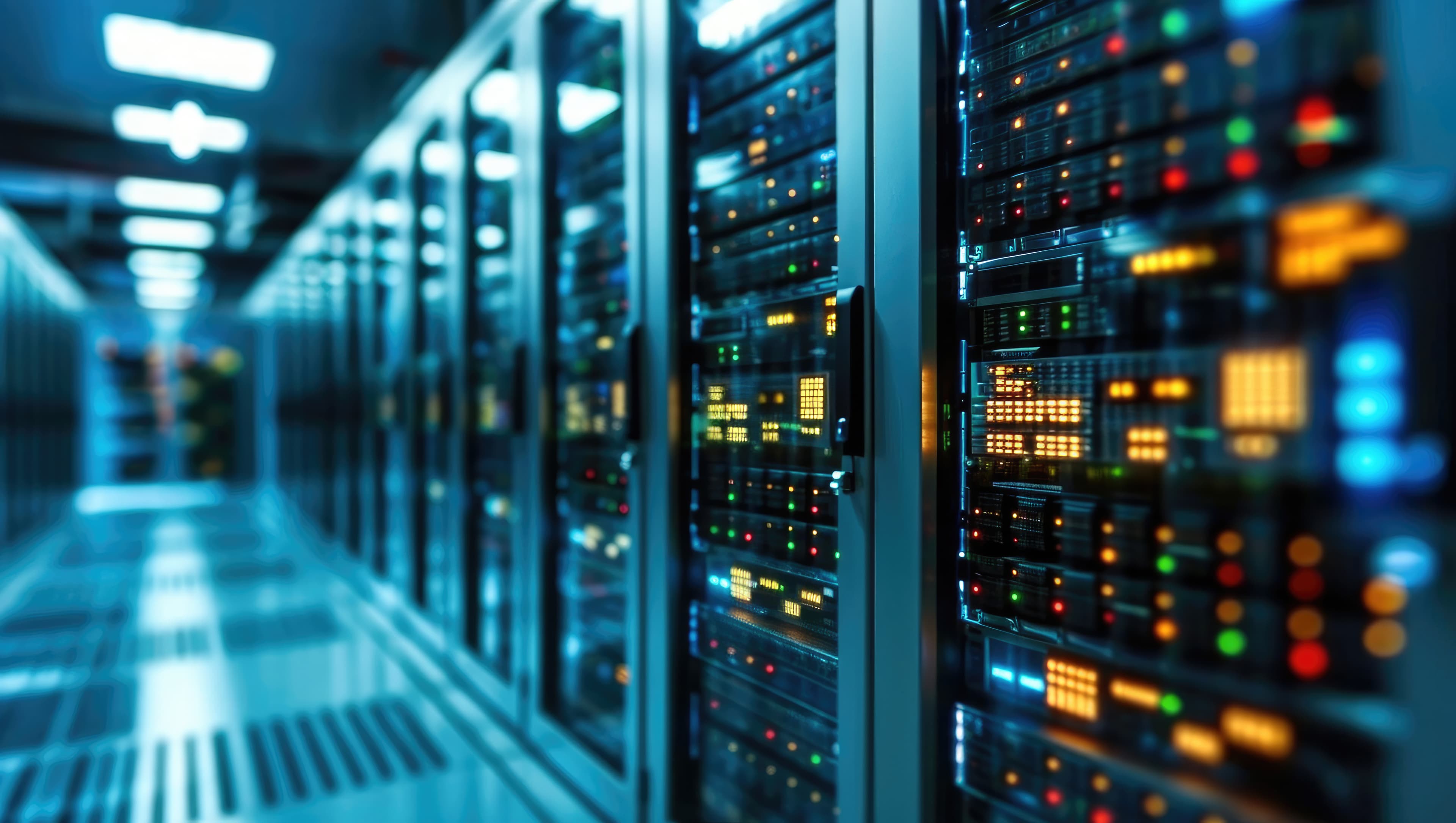Data center aisle with server racks and active network infrastructure