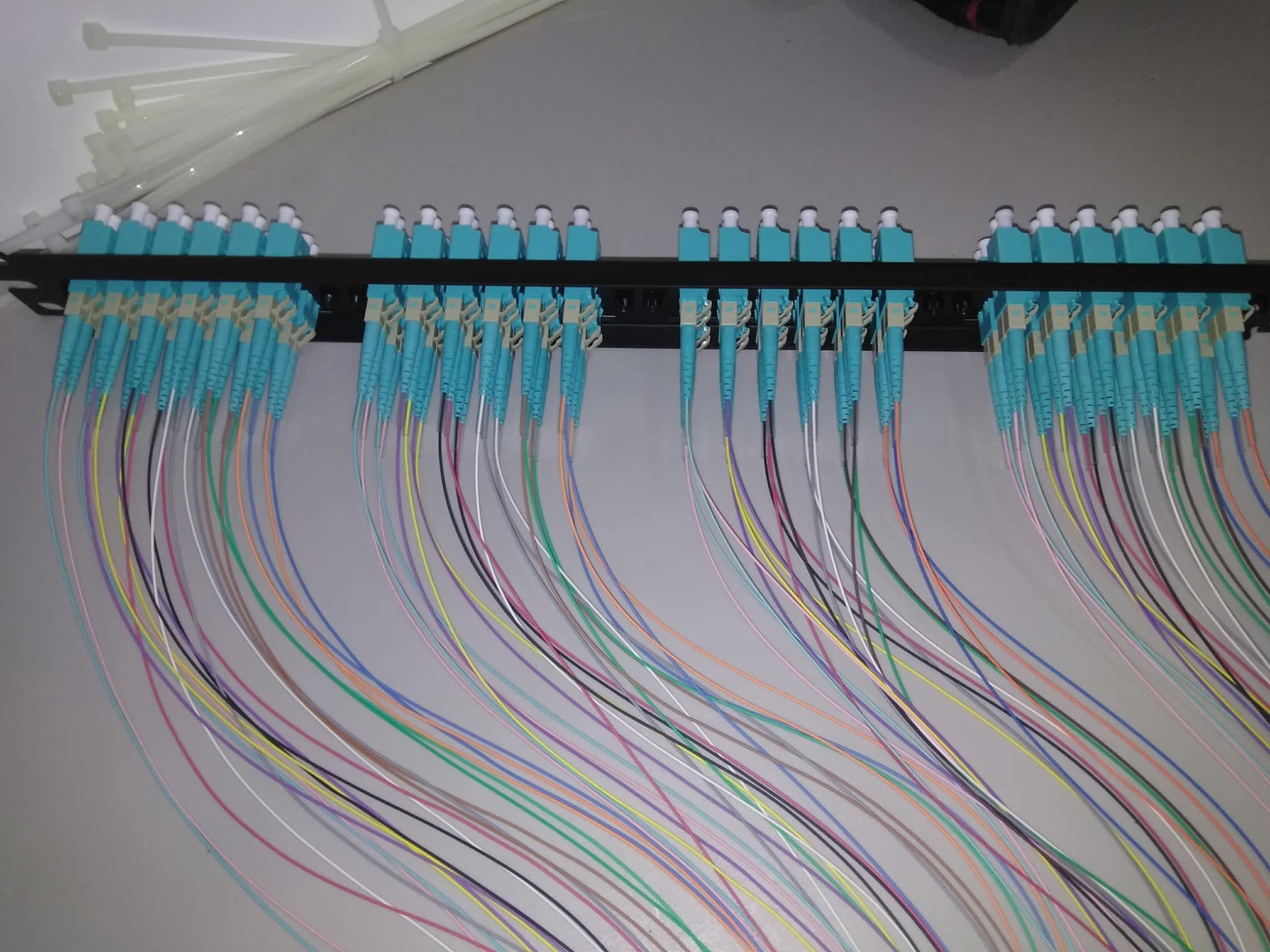 Fiber optic strands terminated into LC connectors on a patch panel