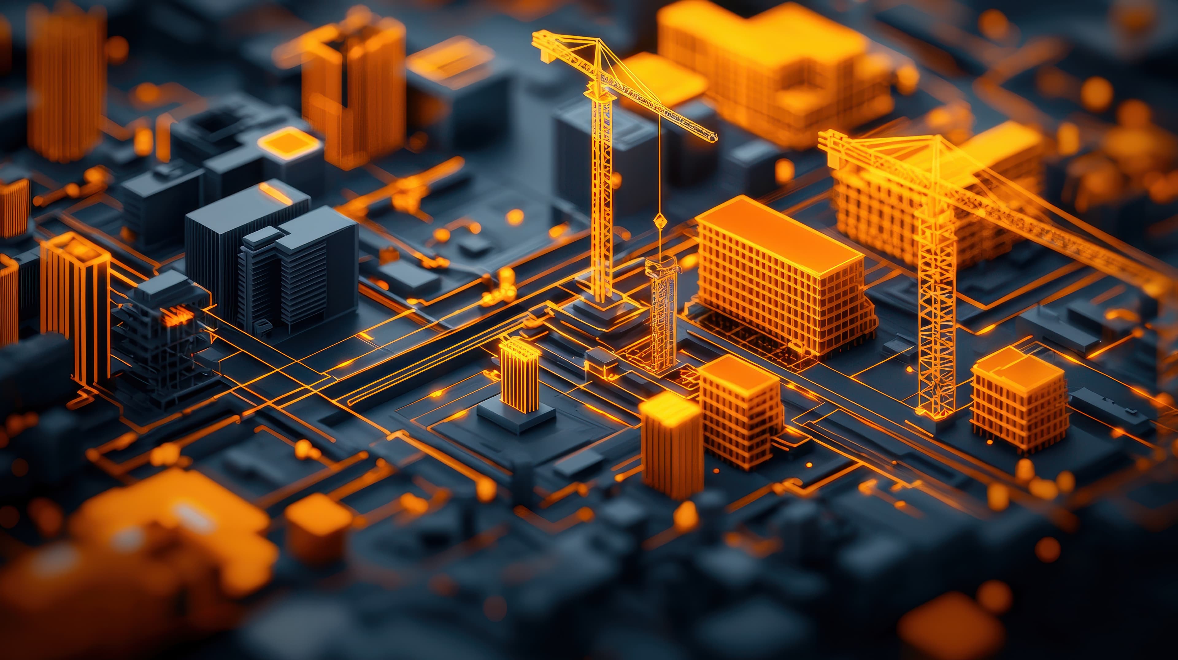 Digital blueprint rendering of a city with network infrastructure planning