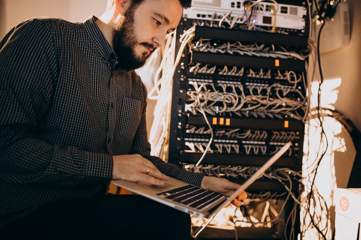 Technician assessing structured cabling in a server room