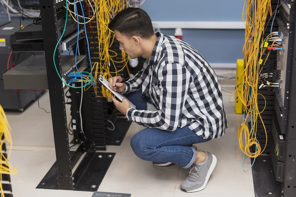 Technician upgrading network infrastructure in a server rack